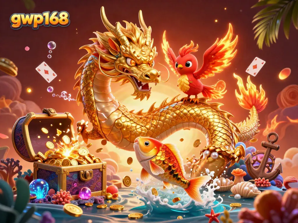 GWP168 meriah dengan naga emas dan ikan koi melompat di antara harta karun permainan kasino