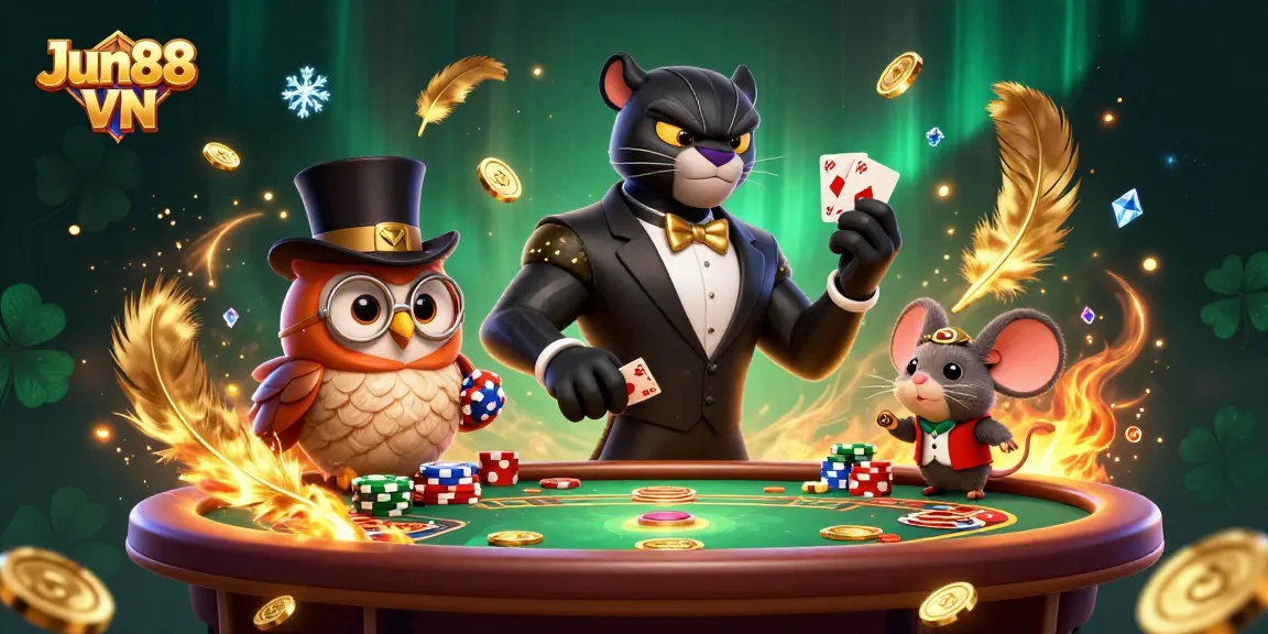 Experience thrilling moments with Jun88 VN, as the stylish panther deals cards amidst a vibrant casino scene.
