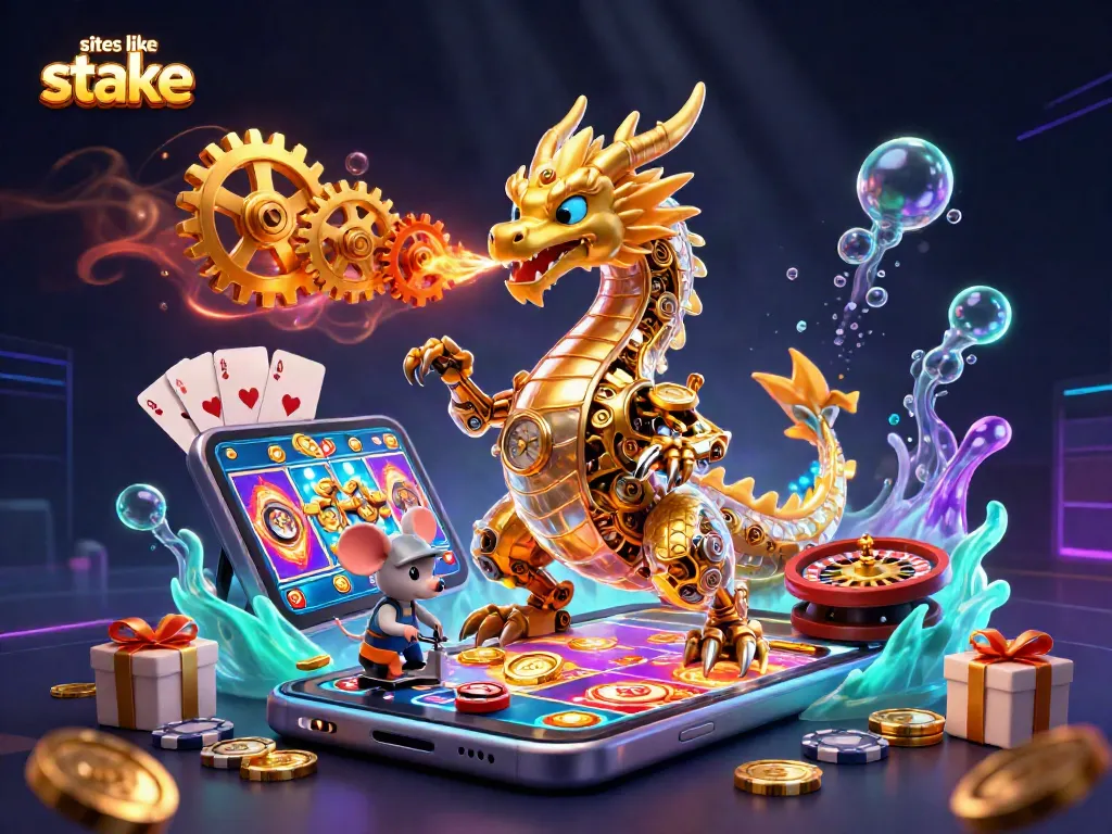 Engage with winning experiences at sites like Stake with vibrant gaming elements and the golden dragon.