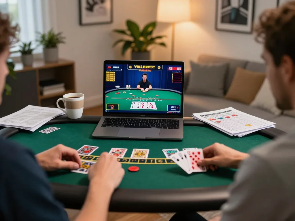 Player engages in a strategic blackjack game on gameradar platform with laptop, coffee, and notes
