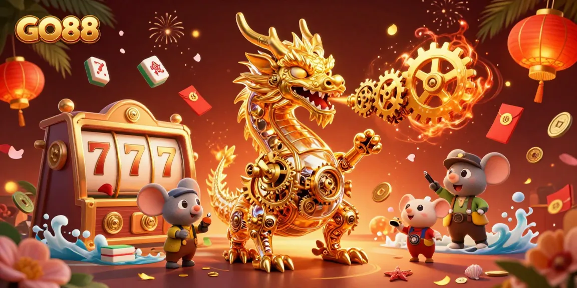 Experience GO88's vibrant gaming adventure with a golden dragon and slot reels.