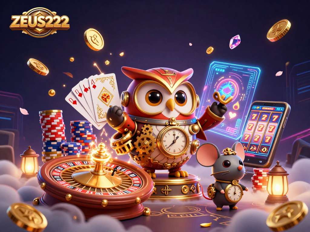 Win big with ZEUS222 in a vibrant 3D casino scene filled with fruit symbols and golden coins.