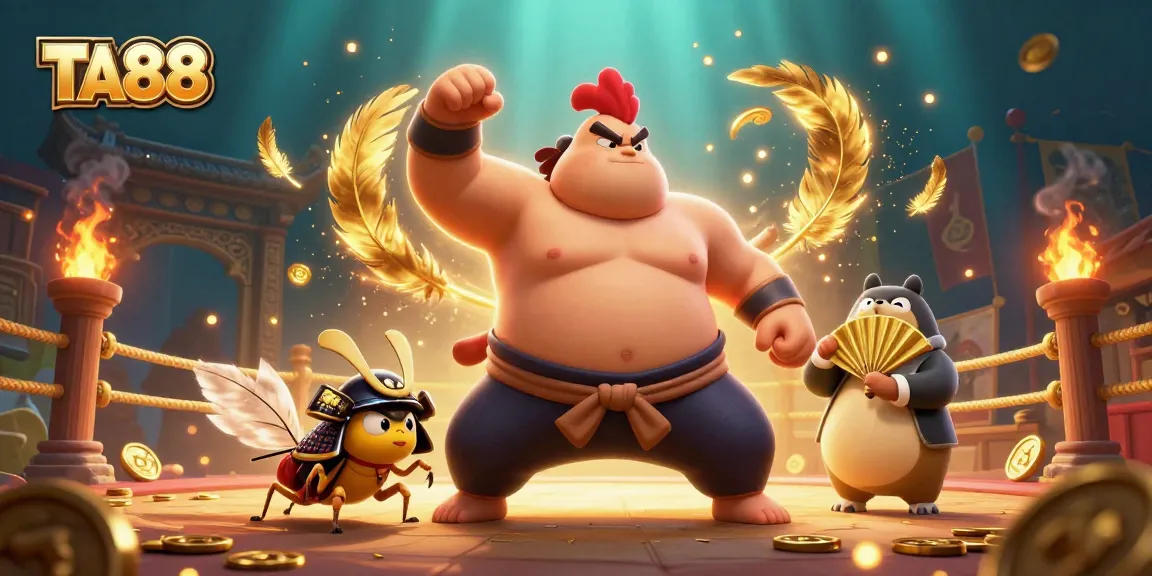 TA88 showcases a dynamic casino scene with a sumo rooster character and gold coins.