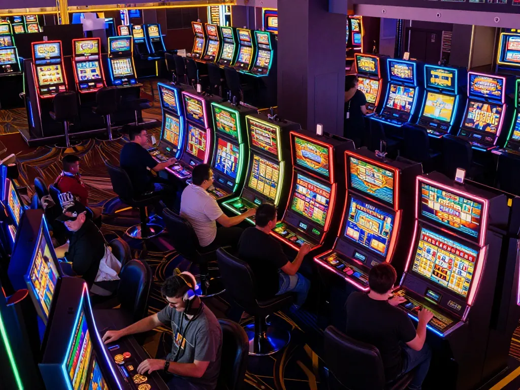 Para pemain menikmati mesin slot yang cerah dipenuhi dengan cahaya dan kegembiraan di kasino yang ramai.