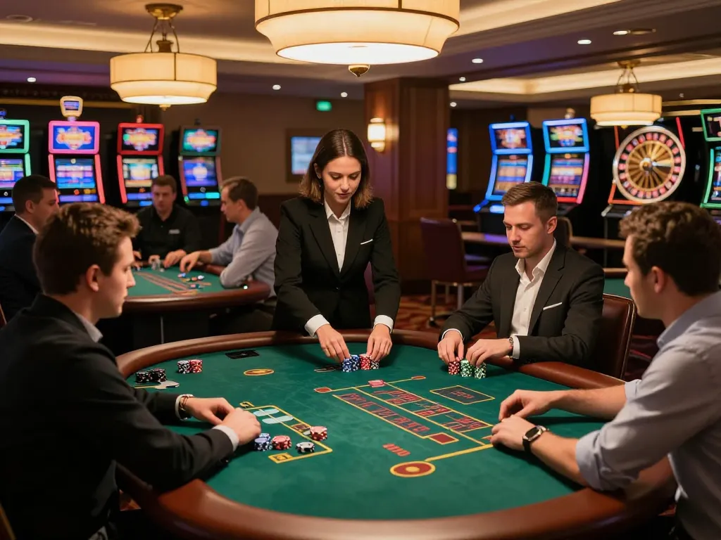 77WIN players strategizing at a lively blackjack table in an upscale casino setting.