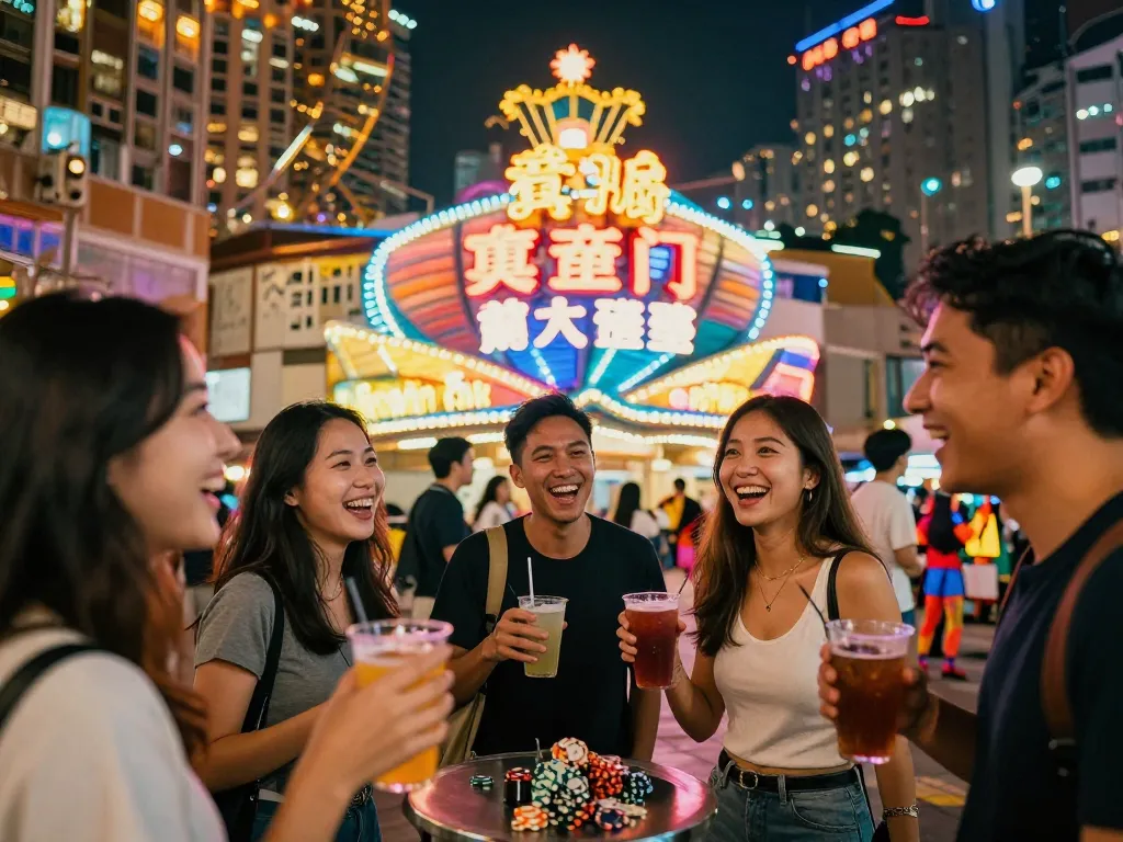 Group of friends at a vibrant casino hong kong entrance enjoying nightlife.