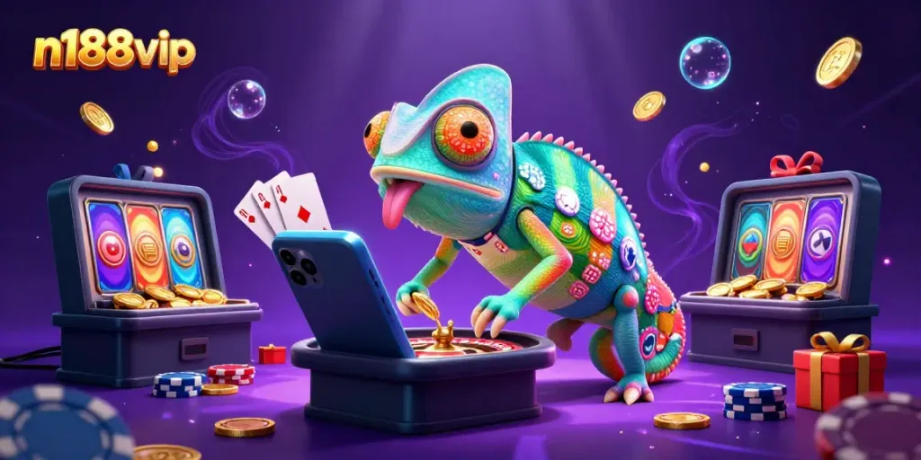 Win big at n188vip with a vibrant 3D casino scene depicting exciting games and rich rewards!