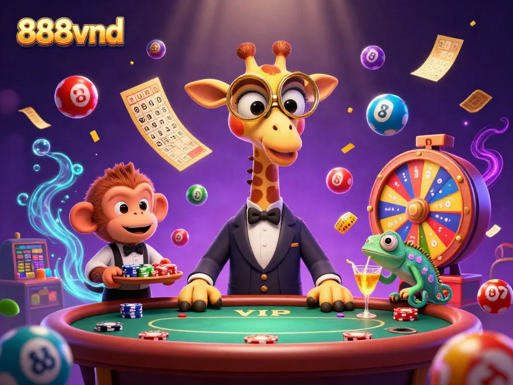 Experience the thrill at 888vnd with vibrant games and characters in this digital casino scene.