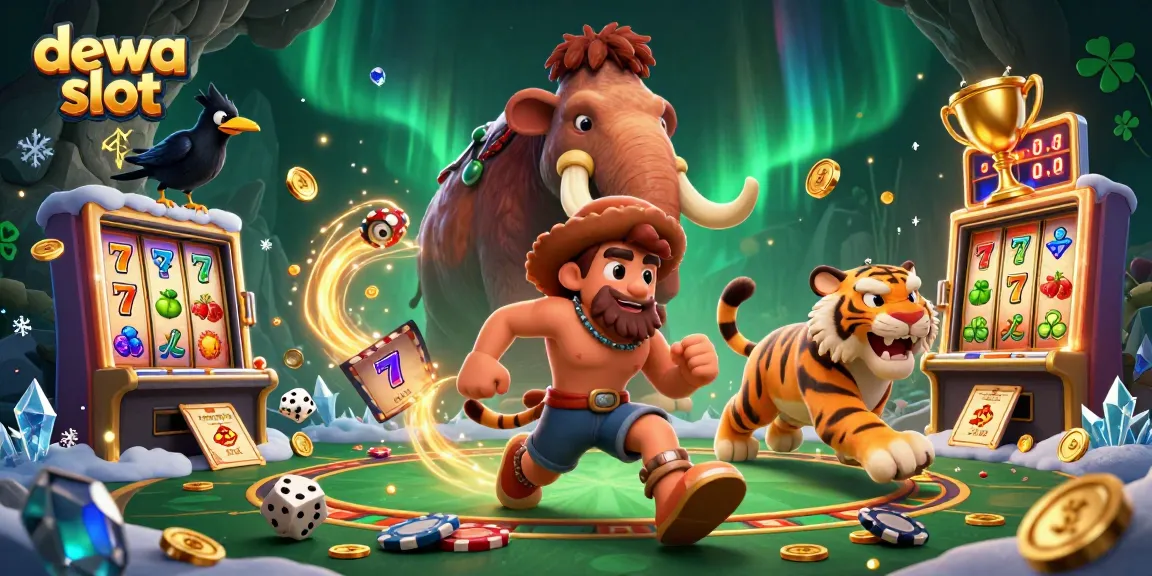 Engaging 3D illustration of dewa slot-themed casino featuring caveman and sabertooth tiger duo, dynamic slot elements