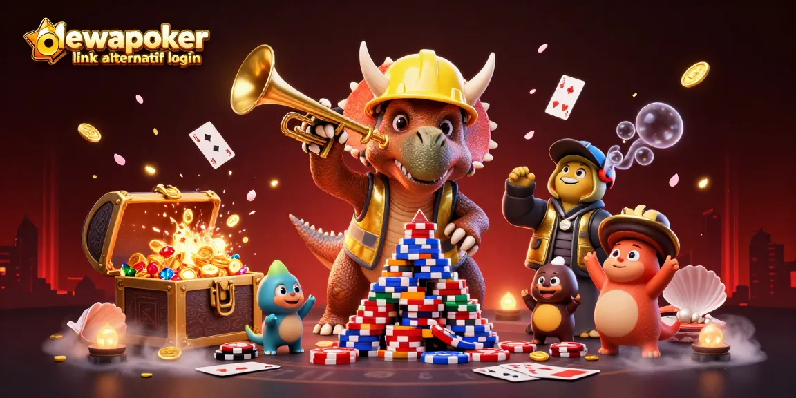 Experience the excitement of dewapoker link alternatif login with a colorful 3D illustration showcasing poker and gaming elements.