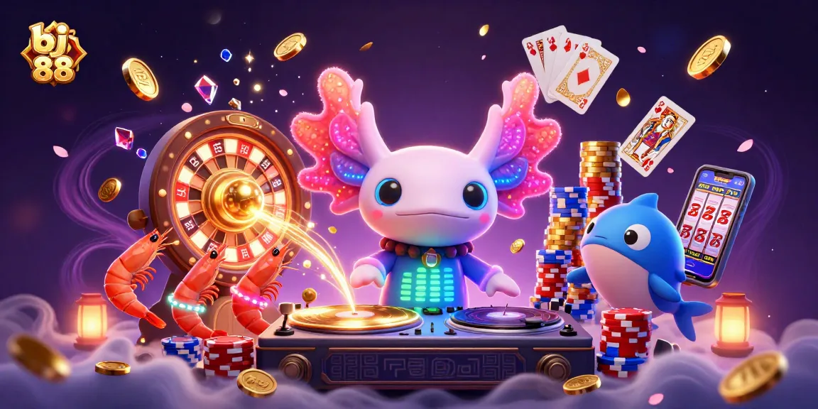 BJ 88 players enjoying an energetic digital casino experience with vibrant characters and rich casino elements.