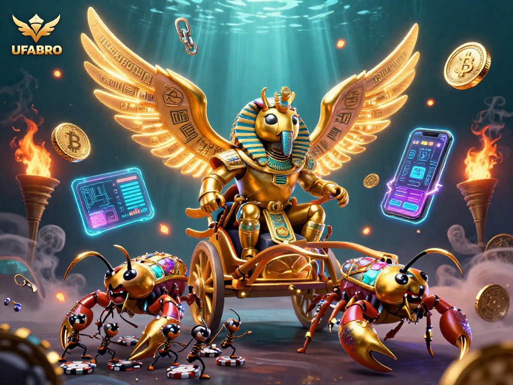 Bet on UFABRO with a vibrant 3D illustration featuring a colossal scarab beetle and scorpion chariot.