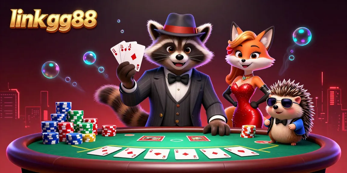 Engage with link gg88 at a vibrant poker scene featuring a charming raccoon, fox, and hedgehog in action.