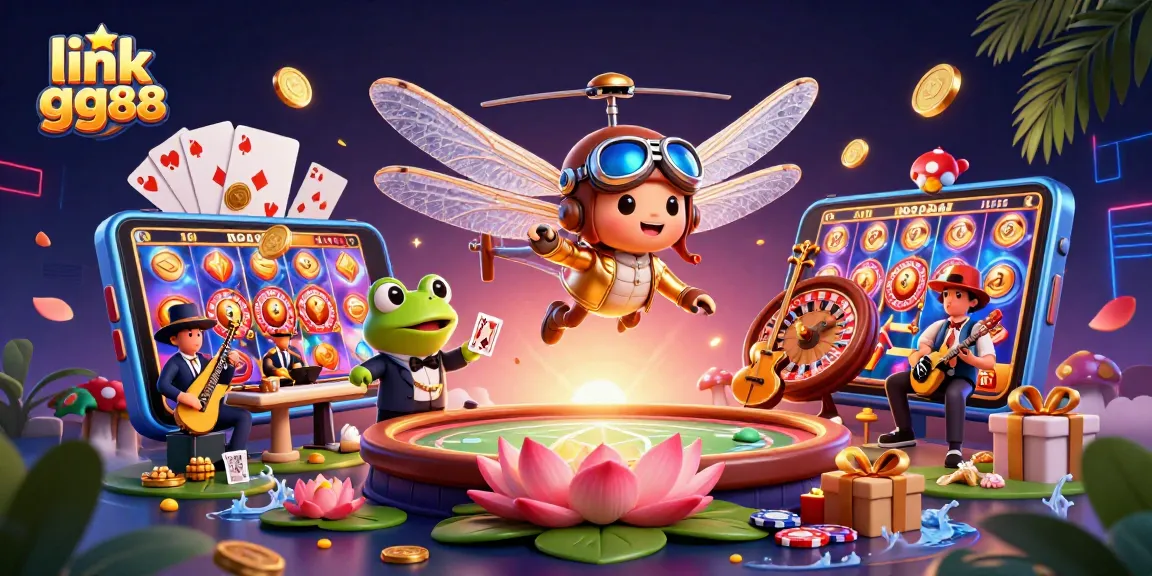 Experience thrilling gaming action with link gg88 at a vibrant lily pad casino featuring colorful slot games and a lively jazz band.