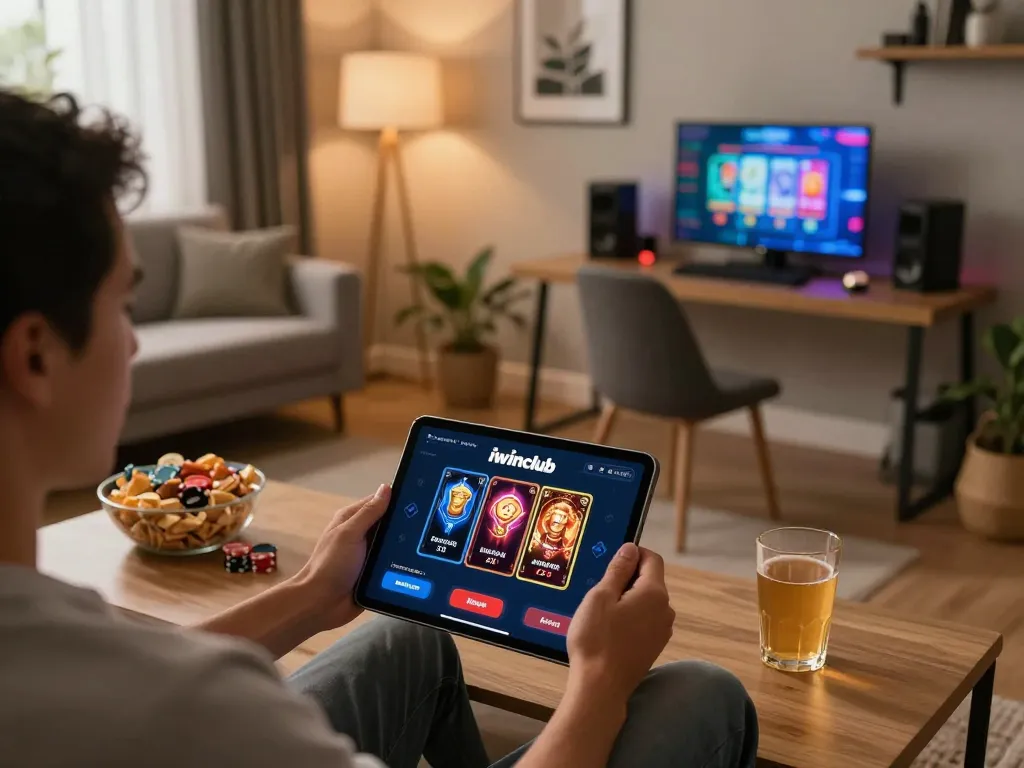 Engaging in online poker on iwinclub with a tablet in a modern home office.