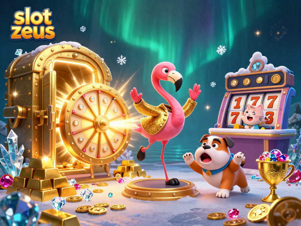 Spin to win with slot zeus as the flamingo host launches the prize wheel, gold coins shower everywhere!