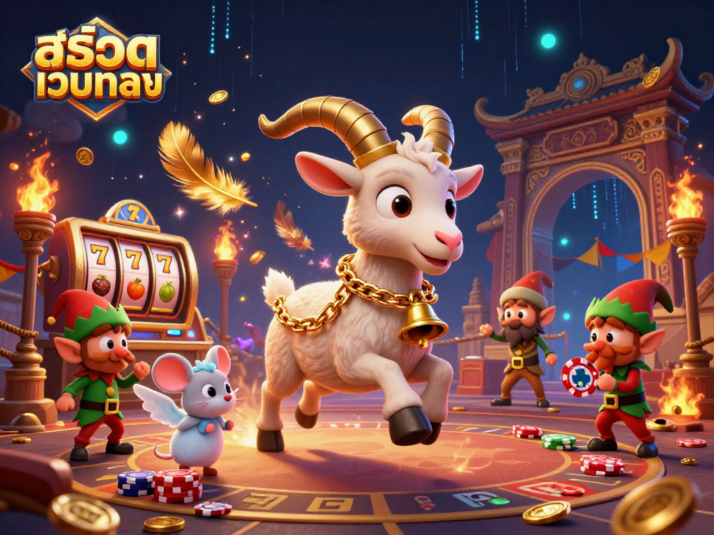 Engage in สล็อตเว็บตรง action with a festive Krampus goat in a dynamic casino scene filled with golden coins and exciting elements.