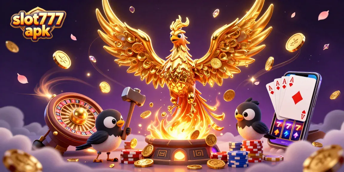 Experience thrilling gameplay with slot777 apk, featuring a phoenix and colorful poker chips in an exciting casino scene.
