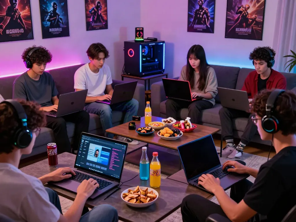 Aktivitas bermain game online di NYONYA4D dengan kelompok gamer di ruang tamu modern.