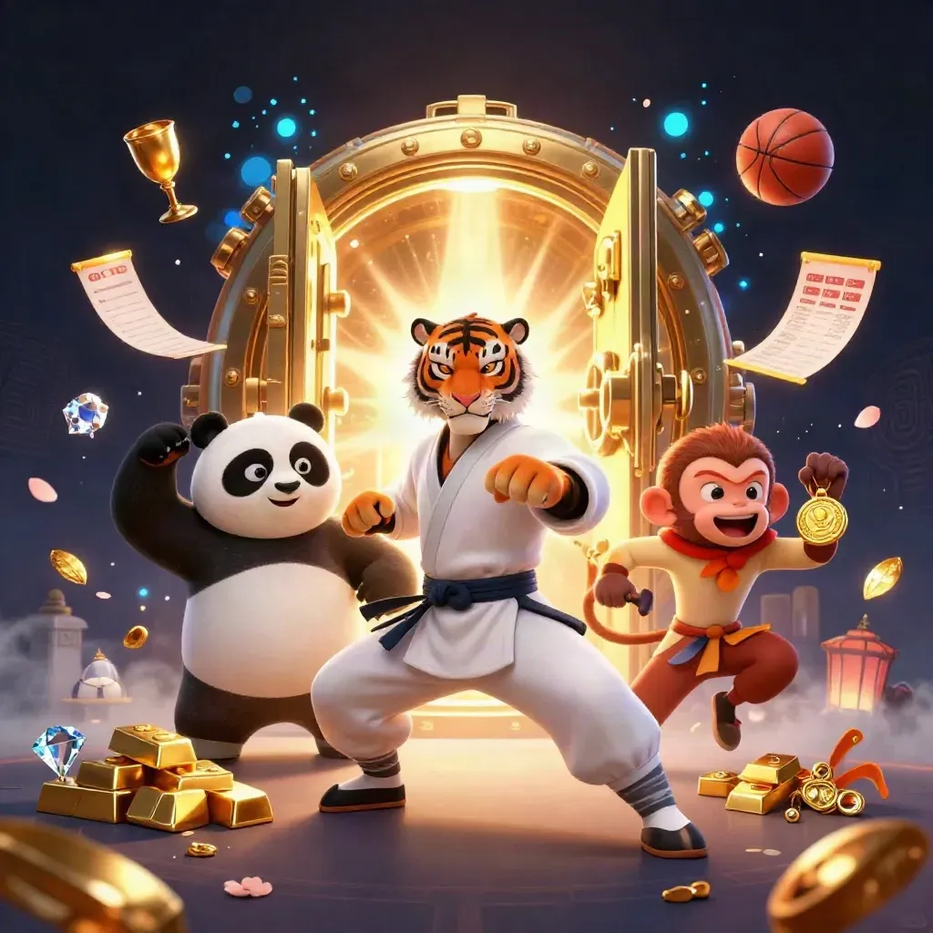 Kung-fu tiger, panda, and monkey with treasure vault, gold, and casino-fantasy lighting