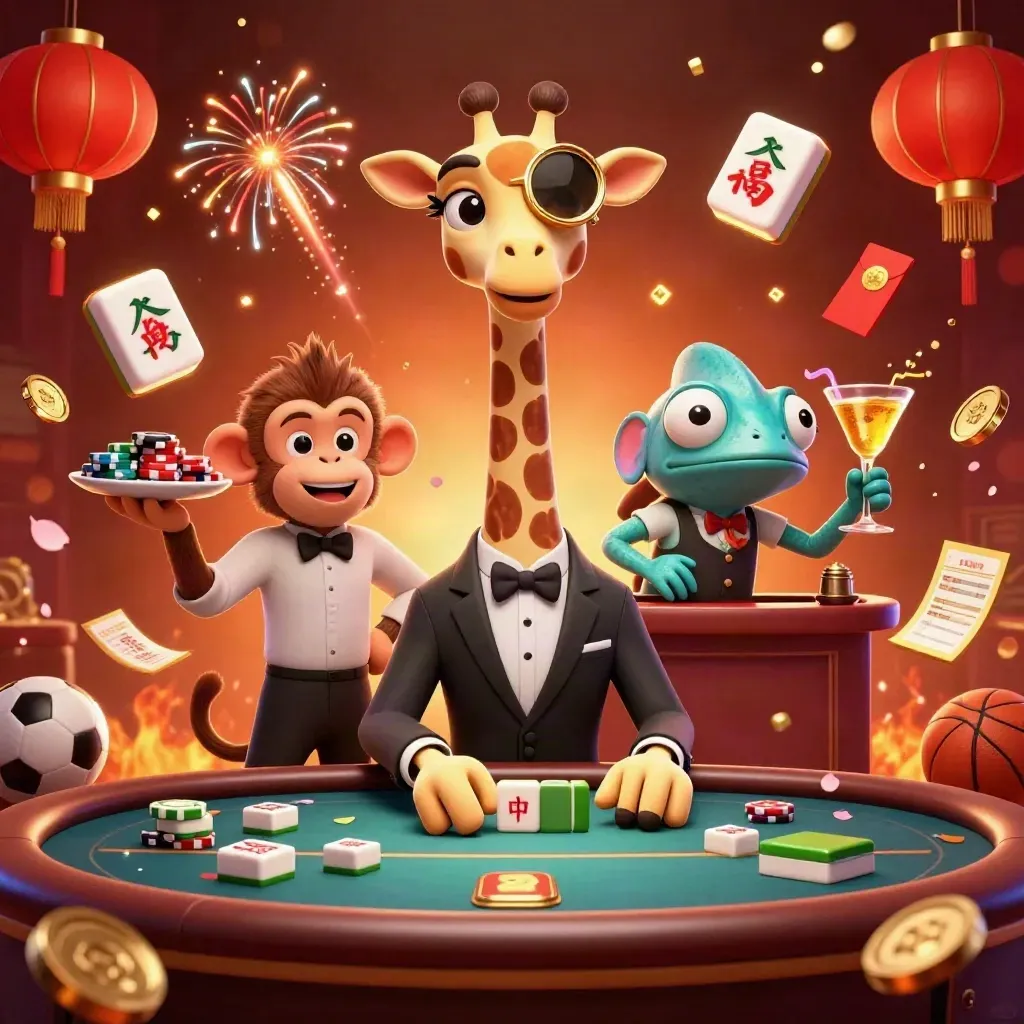 Giraffe, monkey, and chameleon in a luxe casino scene with floating game symbols and glowing gold light.
