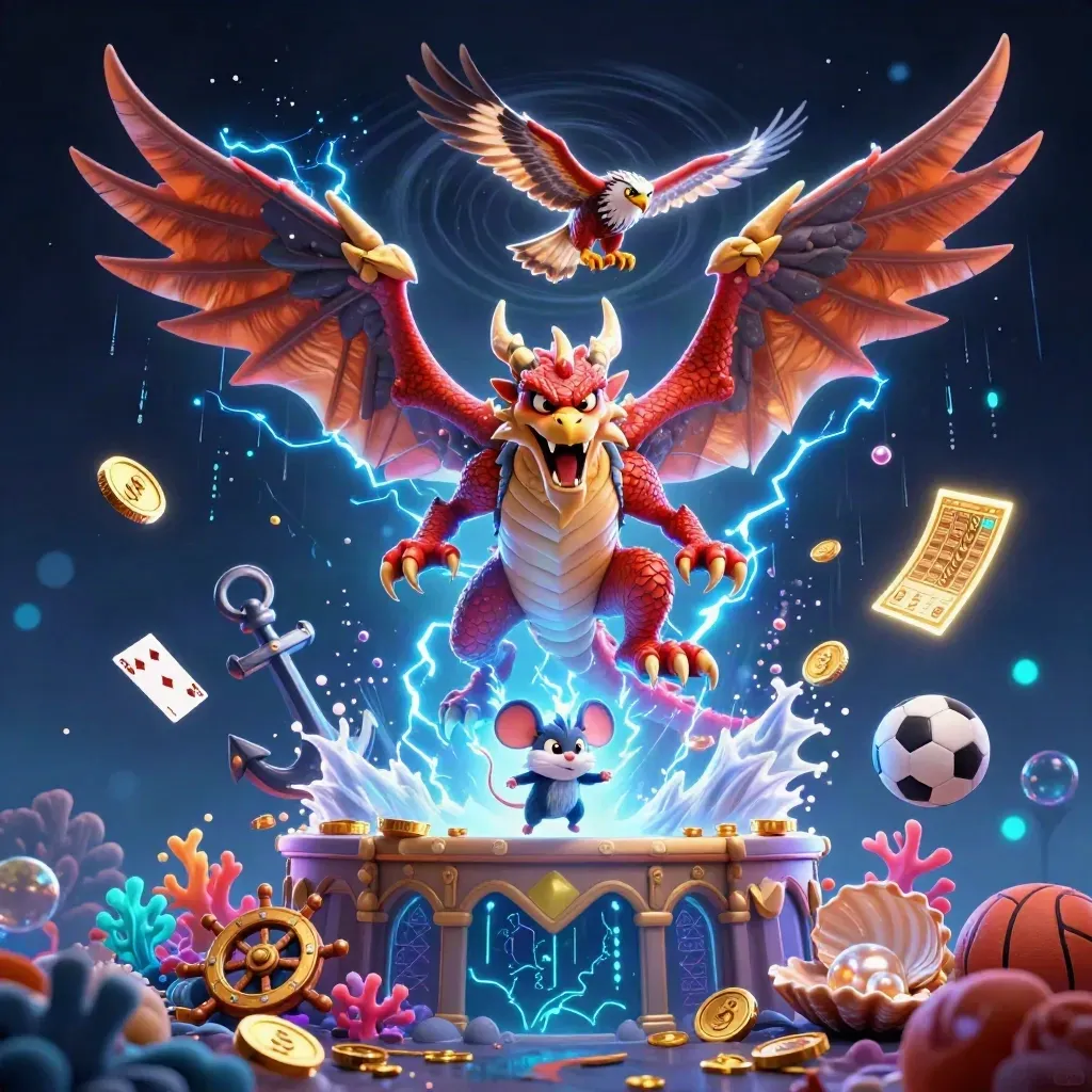 Low-angle fantasy sports tile with storm dragon, hawk, mouse, coins, cards, balls and neon treasure