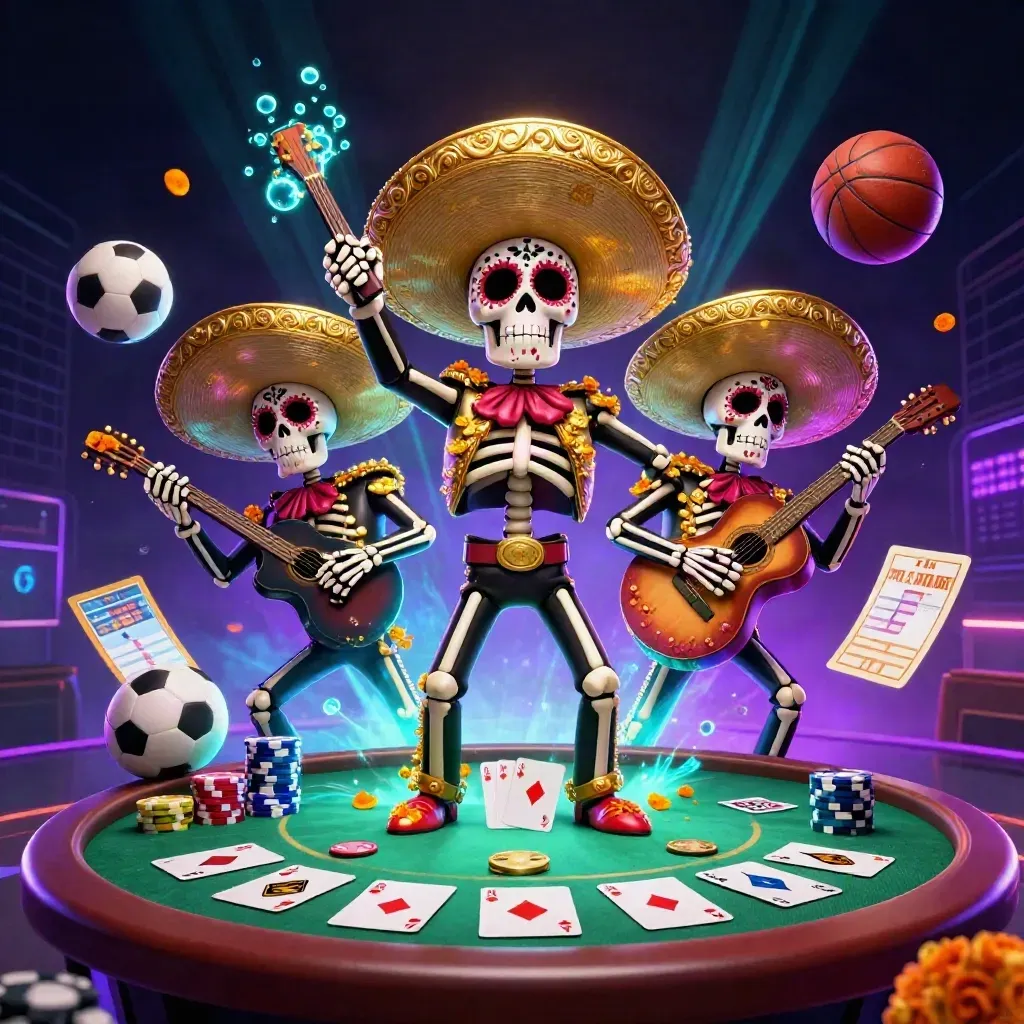 Skeleton mariachi trio amid casino chips, aces, poker table, soccer ball and neon glow.