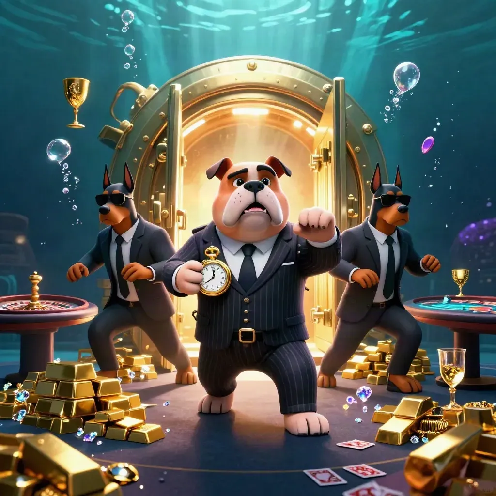Cartoon bulldog boss with two Dobermans amid a glowing vault, gold, gems, and casino lights.