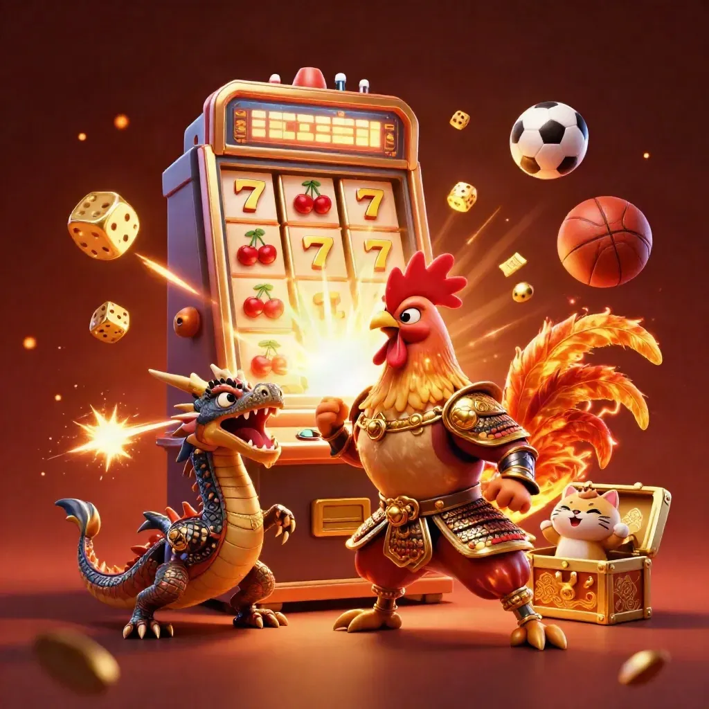 Rooster warrior, dragon hatchling, fortune cat, slot machine, dice, balls, gold sparks in crimson glow