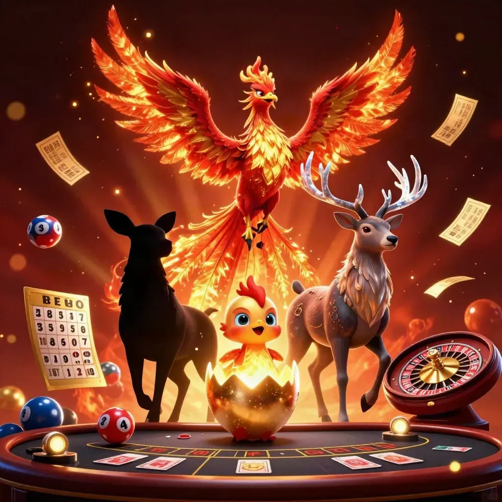 Phoenix, hatching chick, and crystal stag in a glowing casino-fantasy scene with spinning game props