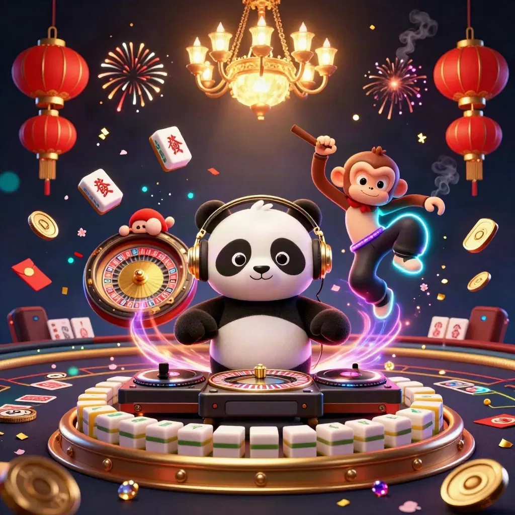 Panda DJ, dancing monkey and glow-stick kitten in a luxe casino with gold lights and fireworks