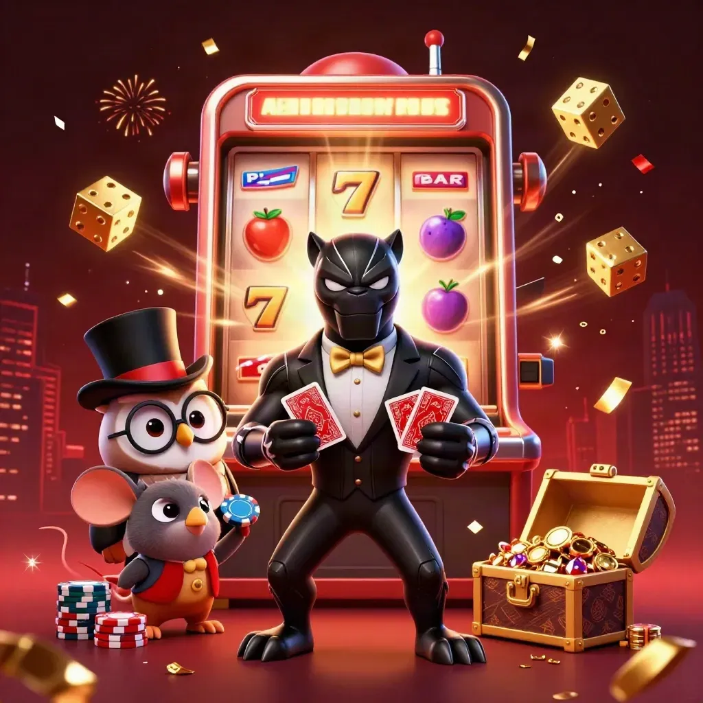 Panther, owl, and mouse deal cards amid gold bursts, dice, chips, and a crimson casino glow.