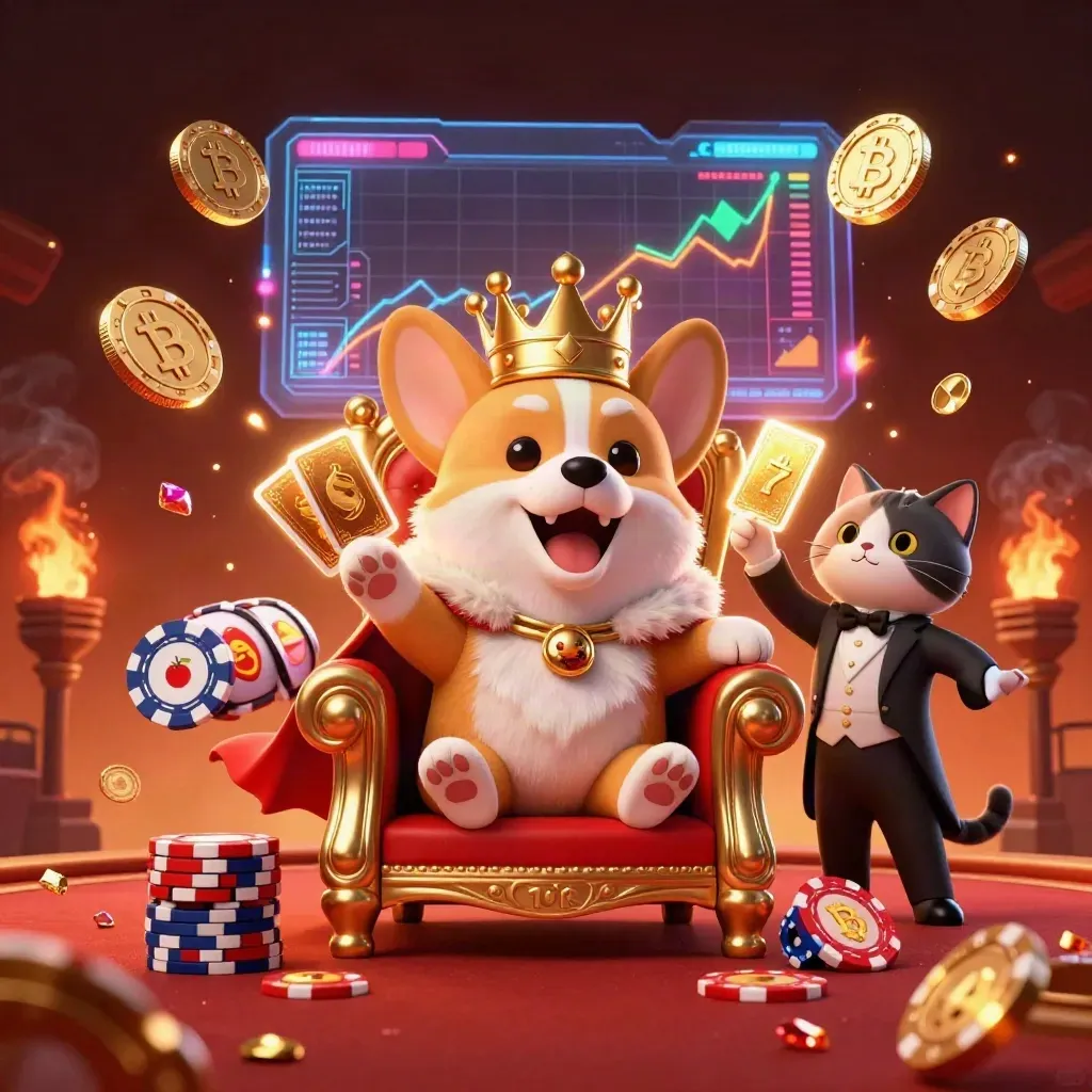 Corgi king and cat butler amid glowing coins, embers, and casino lightning in a luxe crimson-gold scene.