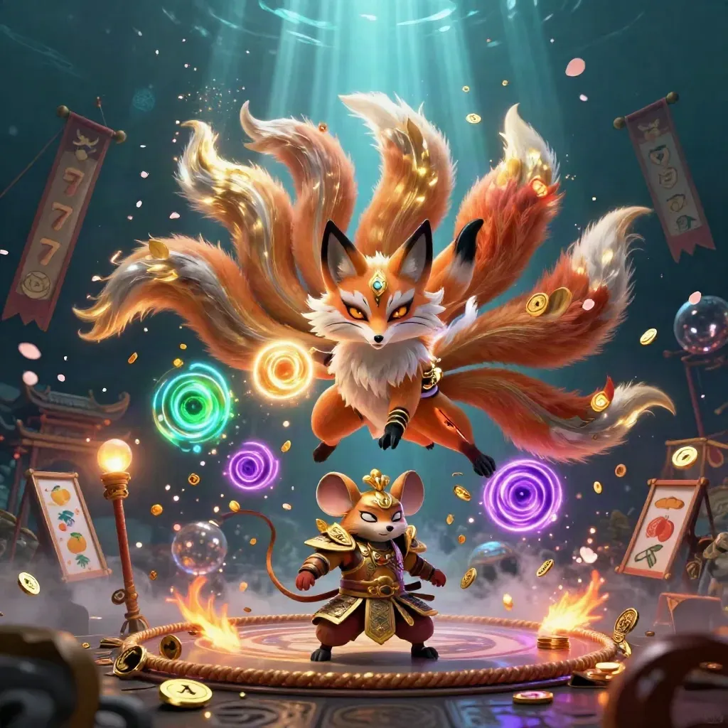 Fox spirit and armored mouse amid casino relics, coins, petals, and glowing underwater light.