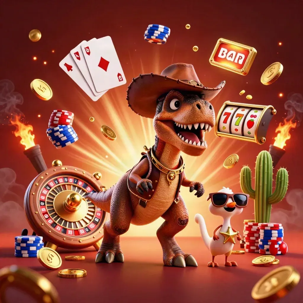 Cowboy T-Rex, cactus, and sheriff roadrunner amid gold coins, cards, chips, and a roulette wheel.
