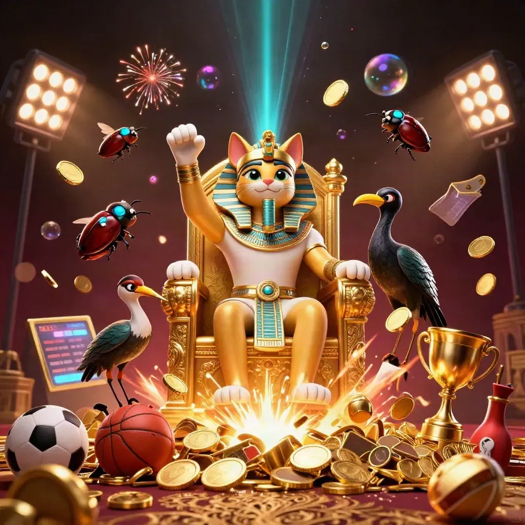 Pharaoh cat, ibis scribe, scarabs, coins, and sports balls in a luxe casino celebration burst