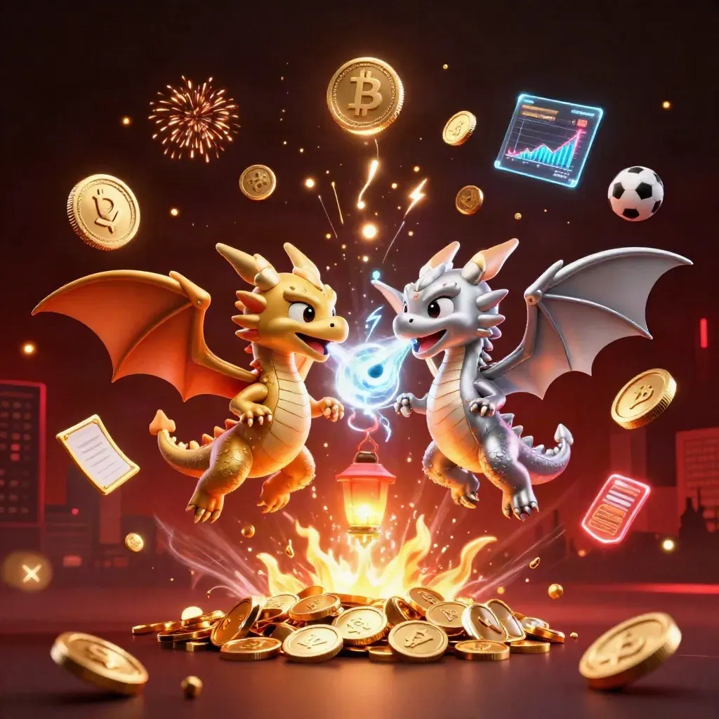 Gold and silver dragons swirl through coins and fire over a dark casino skyline.