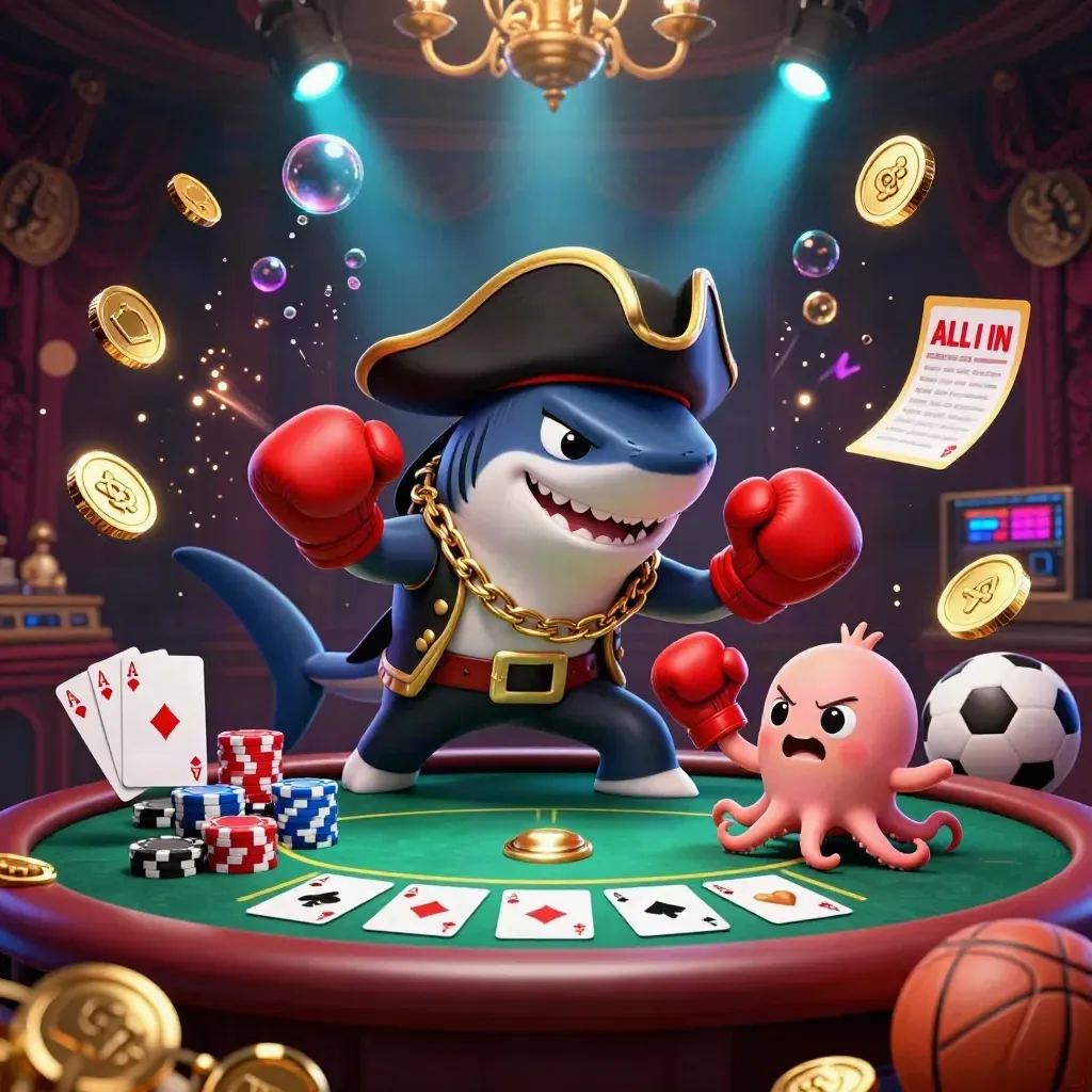 Pirate shark, boxing pufferfish, and octopus amid casino coins, chips, and fireworks.