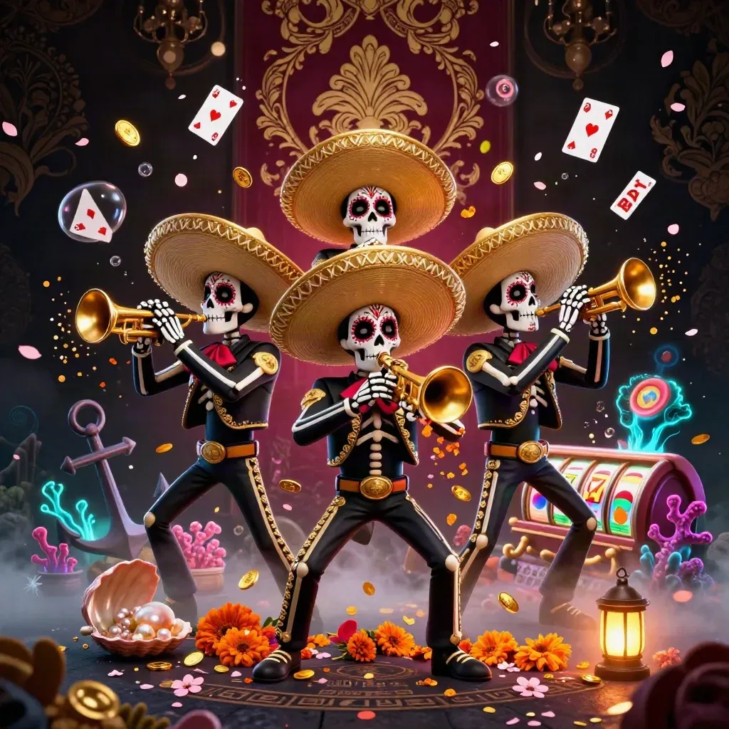 Three skeleton mariachi play amid treasure, cards, coral, and casino lights.
