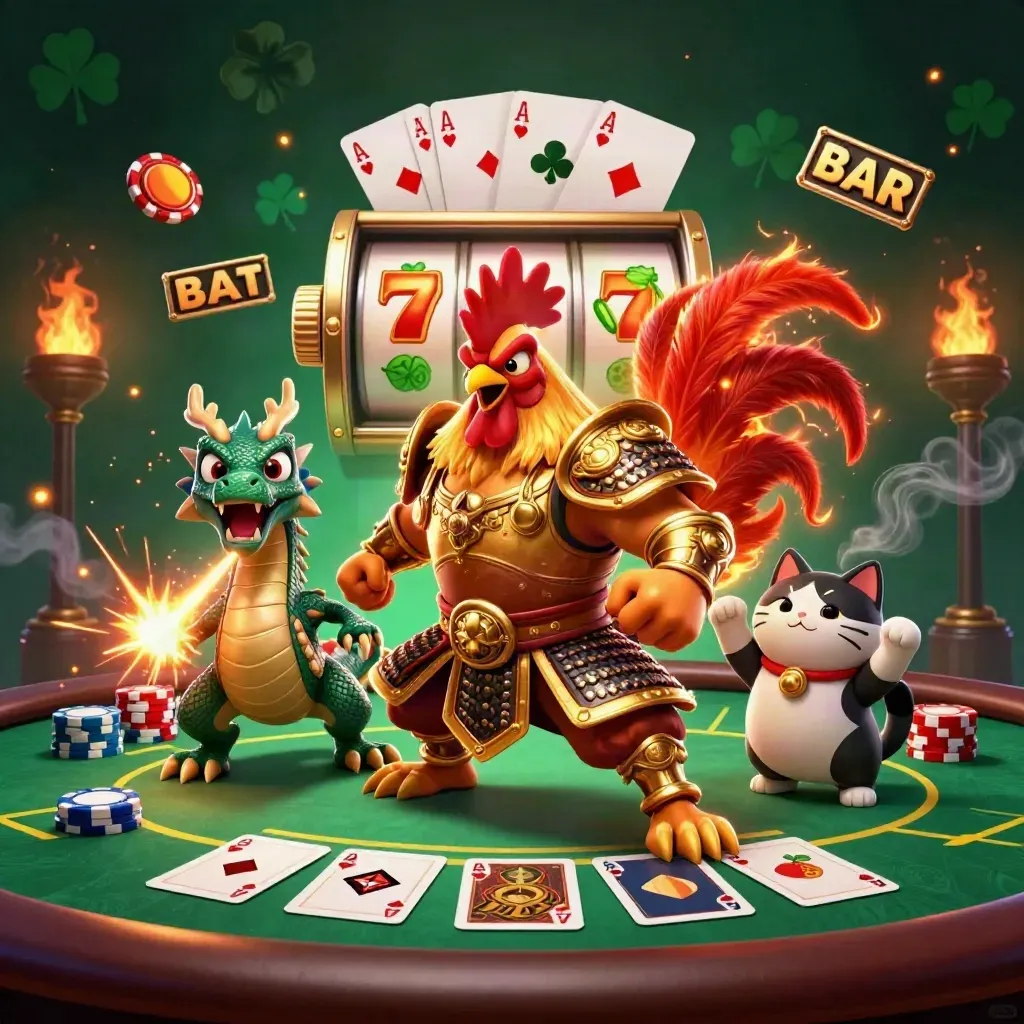 Rooster samurai, spark-breathing hatchling, and cheering cat amid casino chips and cards.
