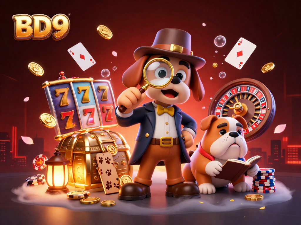 BD9 gaming platform showcases an engaging detective scene filled with slot reels, poker chips, and vibrant casino elements.