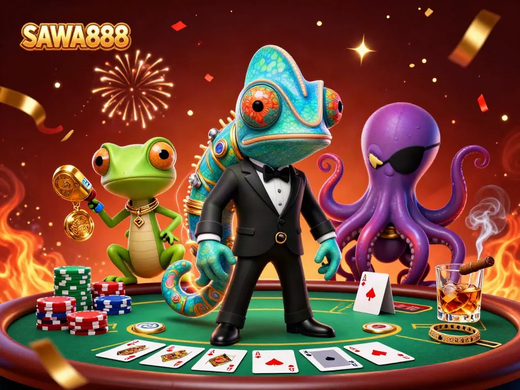 Engage in poker excitement with SAWA888's vibrant casino illustration featuring a heroic chameleon and dynamic characters.
