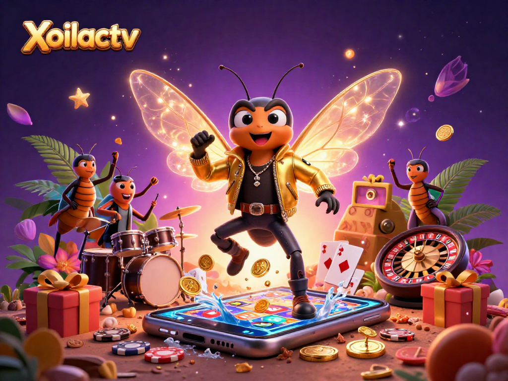 Xoilactv showcases a vibrant casino scene featuring a cicada rock star and gaming elements.