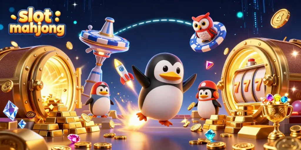 Menangkan jackpot dengan slot mahjong yang unik, menampilkan penguin emas dan efek cahaya gemerlap.