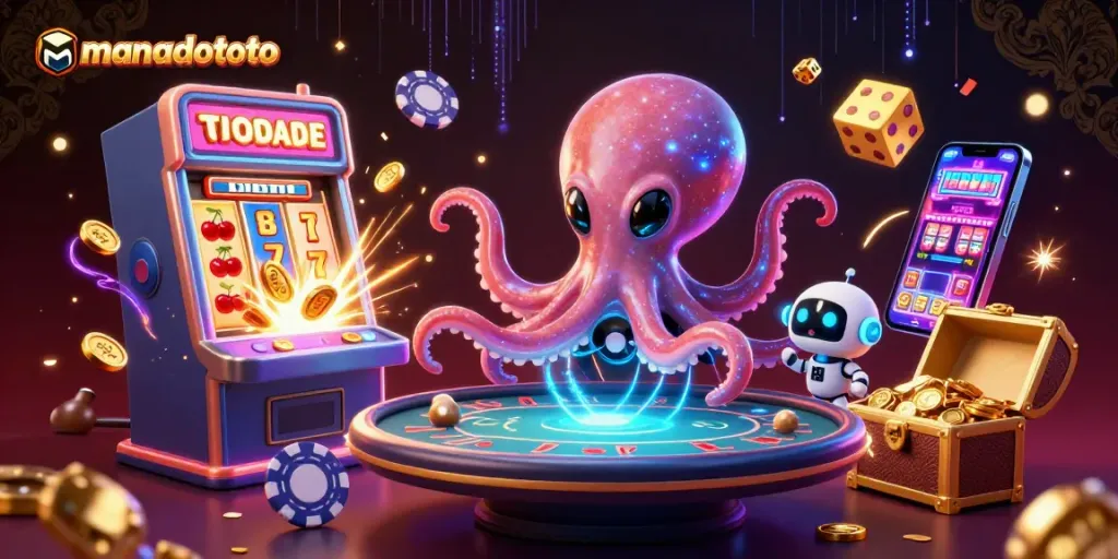 Experience the excitement of manadototo as a playful alien octopus engages in holographic poker!