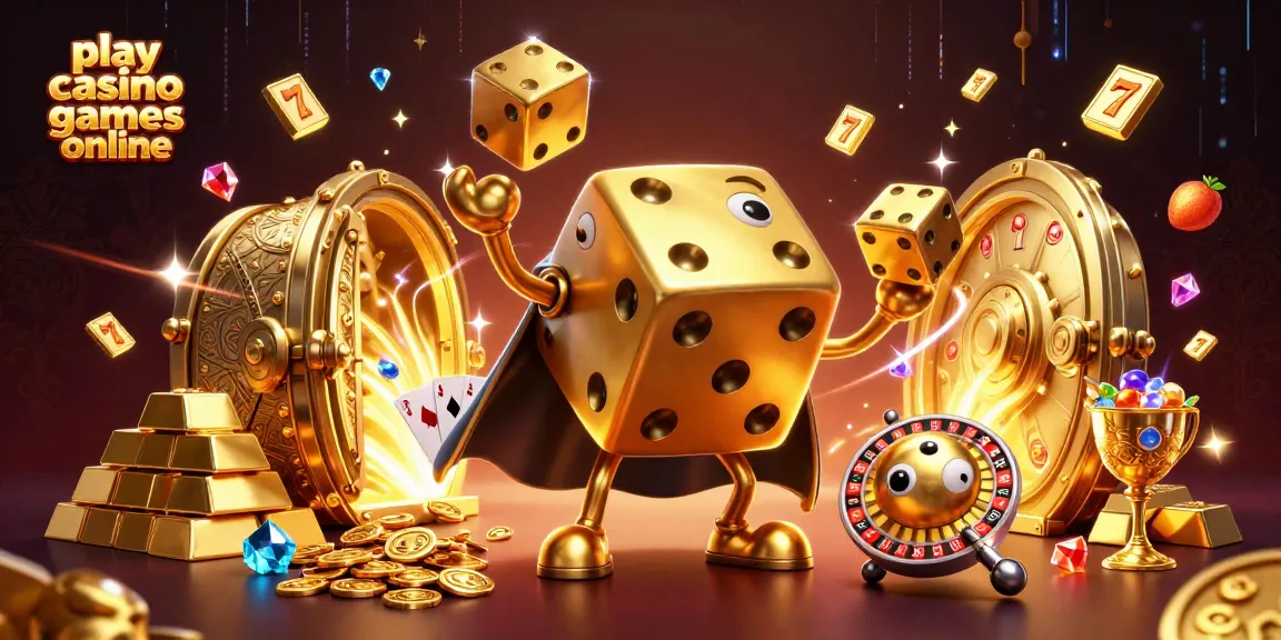 Play casino games online with a dynamic 3D illustration featuring golden dice, gems, and vibrant casino elements.