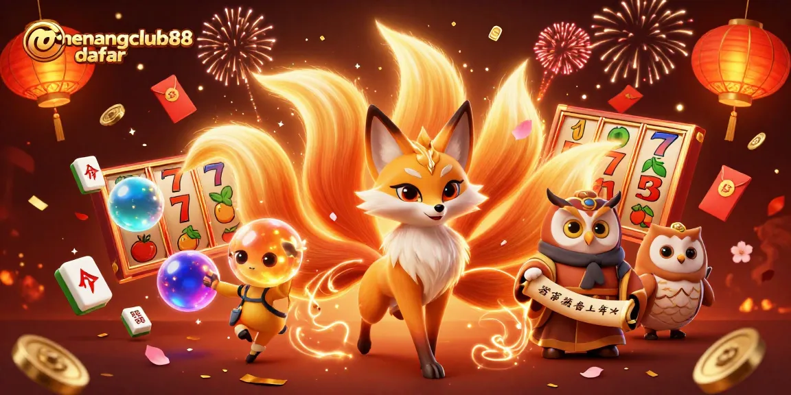 Spin slots with menanggclub88 daftar as a vibrant 3D illustration showing a magical fox and owl.