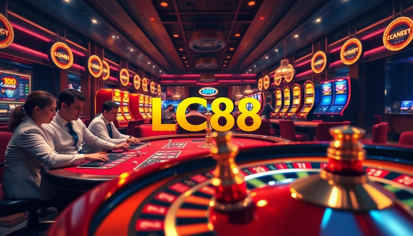 Players enjoying a luxurious casino experience at LC88, engaging in games like poker and blackjack.