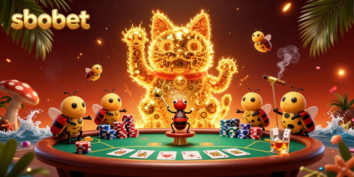 Sbobet's lucky cat formed by golden fireflies embraces dynamic gambling symbols amid poker elements.