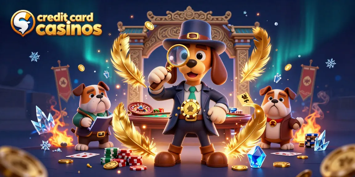Explore vibrant credit card casinos with a detective examining poker chips and gameplay clues.